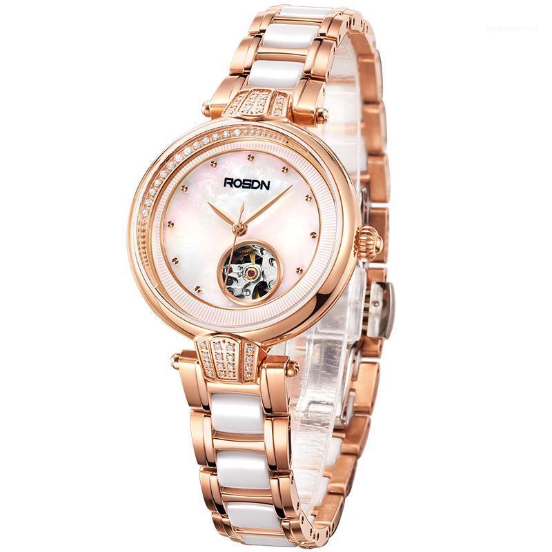 

Wristwatches ROSDN Women's Watches Japan Automatic Mechanical Watch Women Diamond Double Skeleton Sapphire 50M Waterproor R2619, Gold
