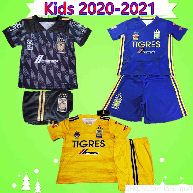 

Kids Kit 7 Star 2020 2021 NAUL Tigres UANL Soccer Jersey boys sets Camiseta de futbol Mexico Liga MX children suits Football shirt uniform, Black;yellow