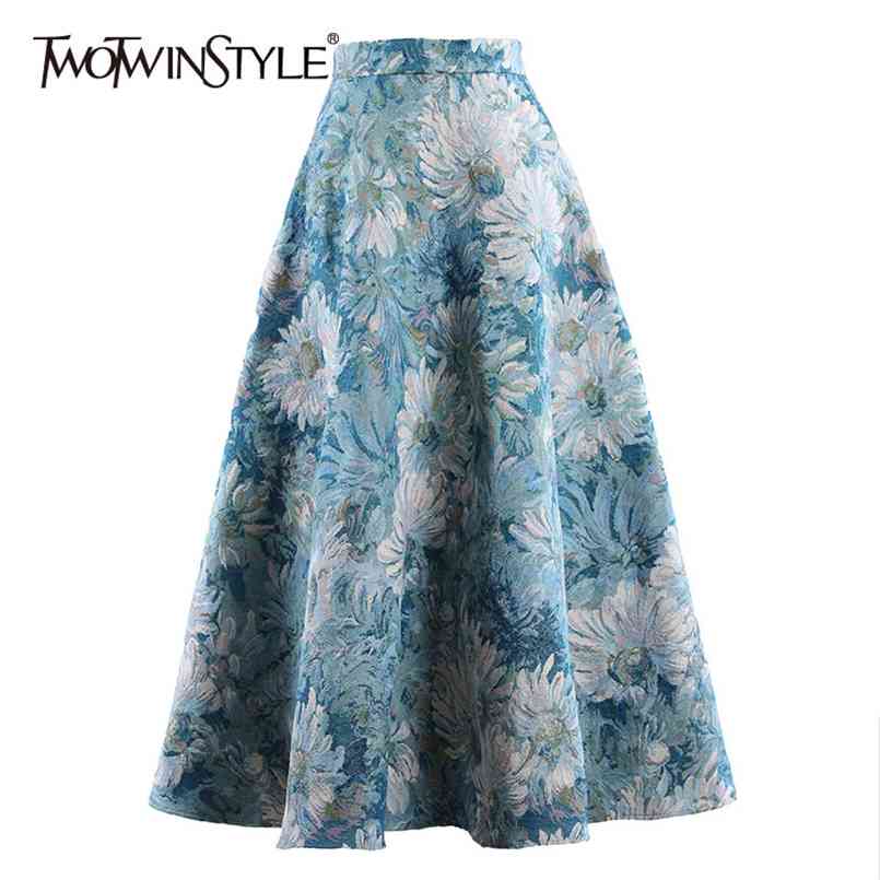 

Vintage Print Floral Skirt For Women High Waist Hit Color Midi Skirts Female Fashion Clothing Spring 210521, Blue