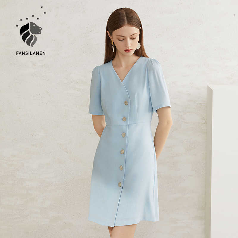 

FANSILANEN Linens vintage short blue dress Women v neck puff sleeve elegant Summer slim sexy party office lady wrap 210607
