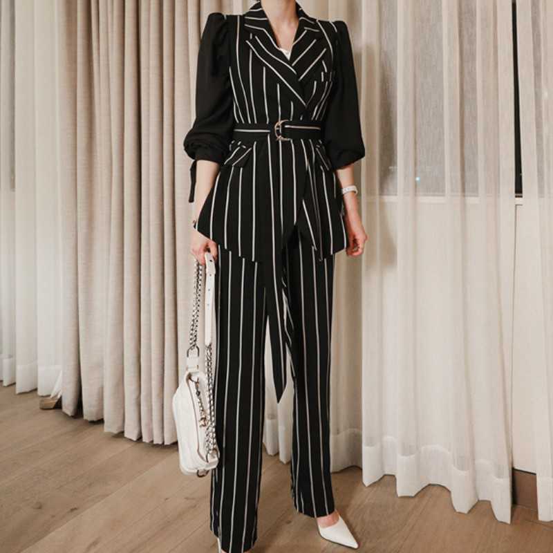 

Spring Elegant Office Work Wear Pant Suits OL 2 Piece Sets For Women Stripe Blazer Jacket + Trousers Outfits Femme 210526, Black