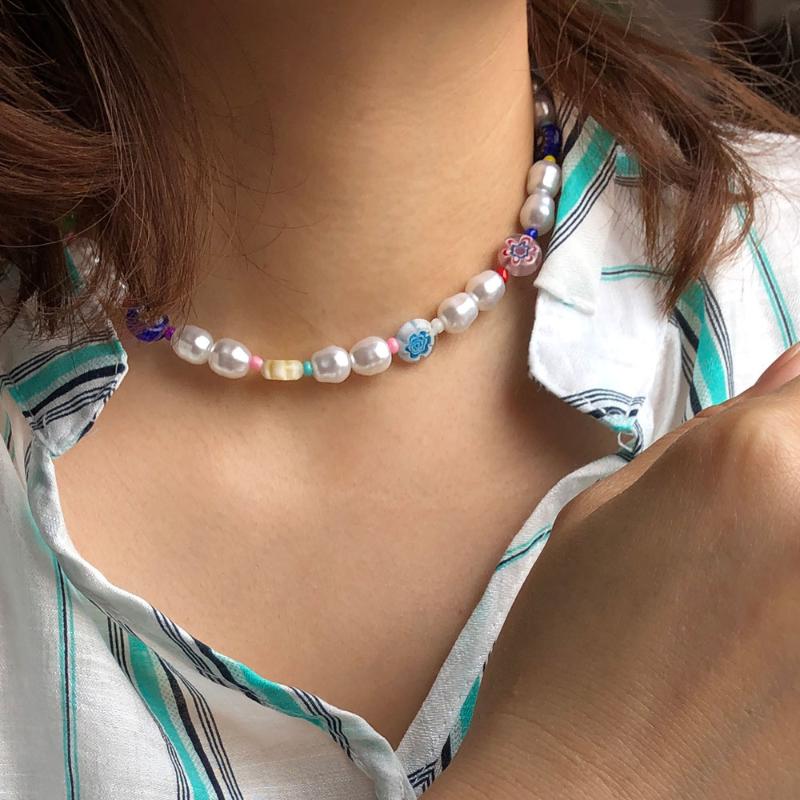 

Chokers Boho Colorful Flower Glass Beads Irregular Pearls Choker Women Birthday Party Necklace Handmade Beaded Jewelry