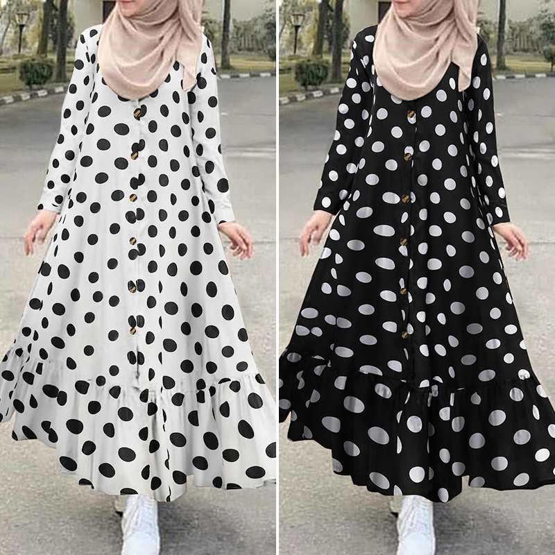 

Womens Print Muslim Dress Dubai Turkish Ruffle Dress Kaftan Floral Maxi Vestidos Female Button Islam Clothing Robe Oversized
