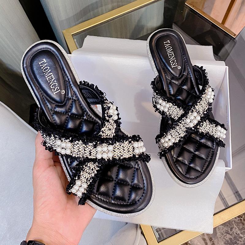 

Colors Block Pearl Femmes Sandales Flowers Transparent Sole Bead Slippers Lacework Handmade Knitted Cross Band Sandals Women2021, Black