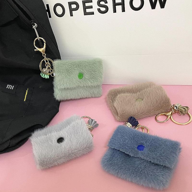 

Keychains 2021 Cute Fur Bag Key Chain Ring Pompom Small Coin Bags Holder Women Girls Car Accessories