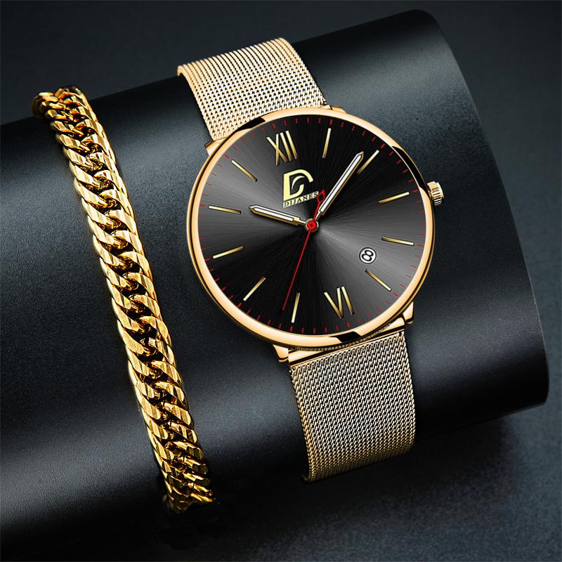 

Wristwatches Men Watches Luxury Gold Stainless Steel Mesh Belt Quartz Wrist Watch Business Bracelet Luminous Clock Sport, As shown 2