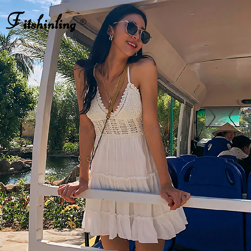 

Fitshinling Patchwork Lace Summer Dress Women Bohemian Strap Sexy Pareos Holiday Slim A Line White Robe Sleeveless Vestidos 2021