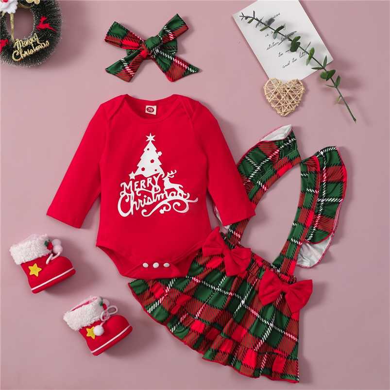 

ZAFILLE Baby Girl Christmas Clothes Red Romper Bodysuit+Bow Plaid Skirts My First Year Costume Outfits 211018, Santa baby a