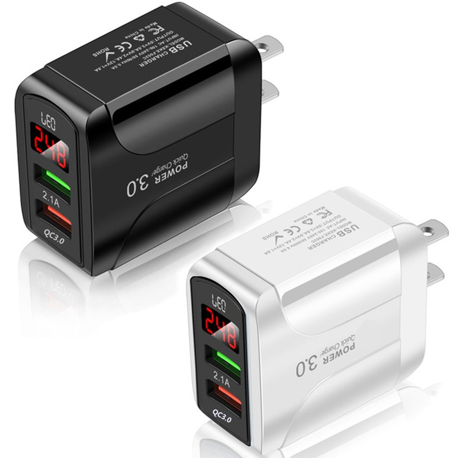 

18W Quick Charge QC3.0 Dual USB Ports LED Display Eu US UK Wall Charger Adapter For Iphone 7 8 11 12 Samsung S8 s9 s10 htc android phone