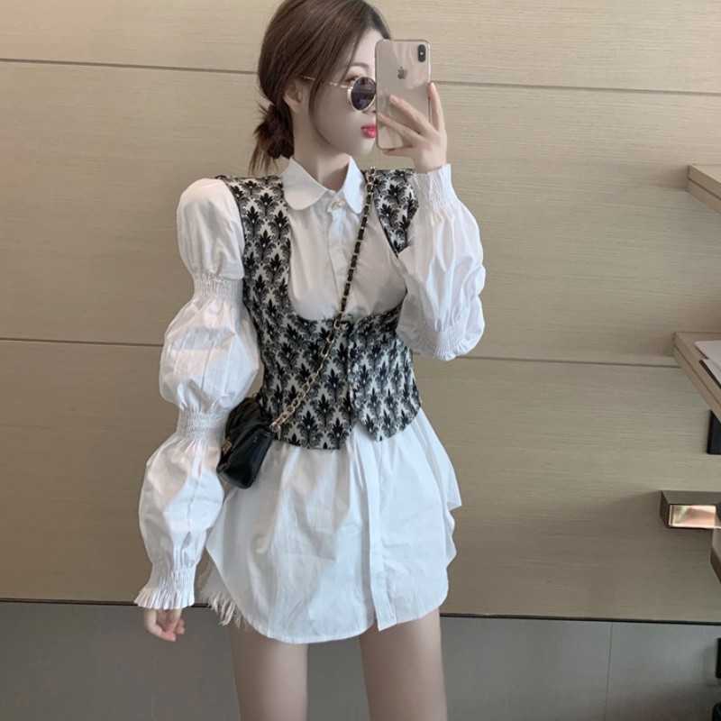 

Two Pieces Set Korea Chic Turn Down Collar Puff Long Sleeve White Shirt + single-breasted Vest Sweet Suit Women 210526, Only shirt