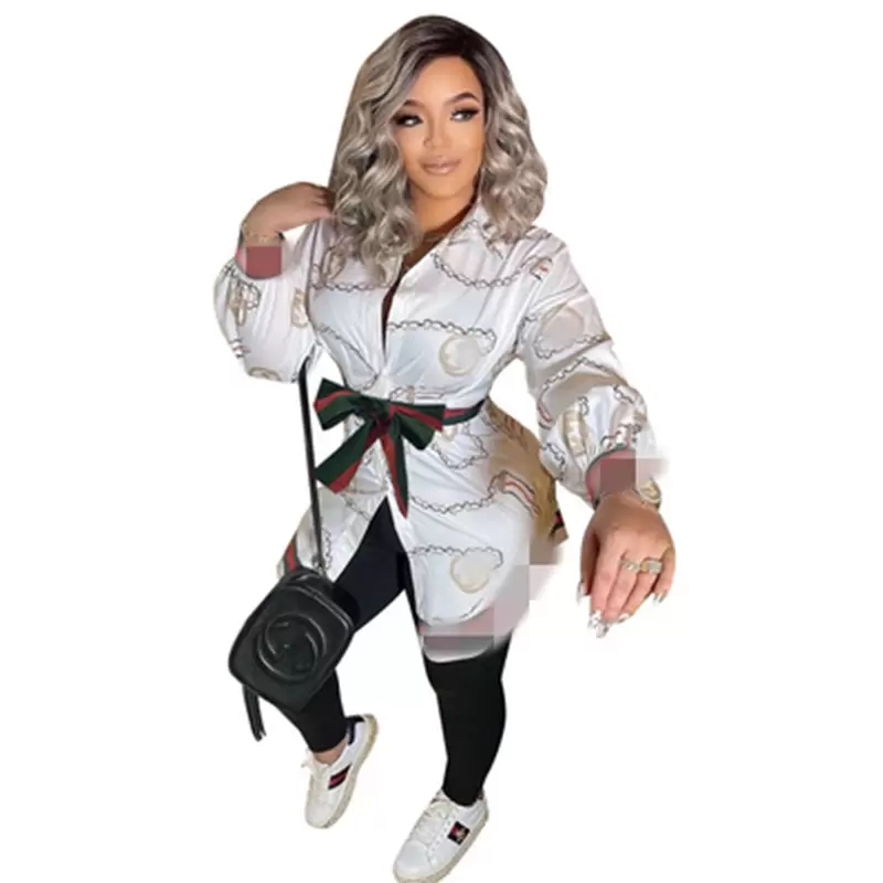 

Women' Casual Retro Printing Lapel Long Sleeve Long Top and Shirt Fashion Above the Knee Blusas, Blue