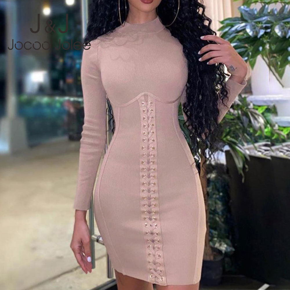 

Jocoo Jolee Women Autumn Winter Sexy Long Sleeve Turtleneck Knitted Bodycon Dress Elegant Slim Bandage Mini Dress Club Dress 210518, As photo