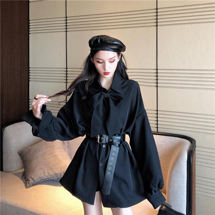 

Casual Dresses Plus Size Turn-down Collar Bow Lace Up Black Dress Women Spring Autumn Robe Femme Long Sleeve Korean Shirt + Sashes 2021
