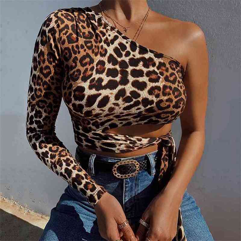 

Women Leopred Prined Wild Sexy One-shoulder Crop Top Hollow out Midriff-baring Lace-up Pullover Bodycon Tops Casual Streetwear 210517, Brown