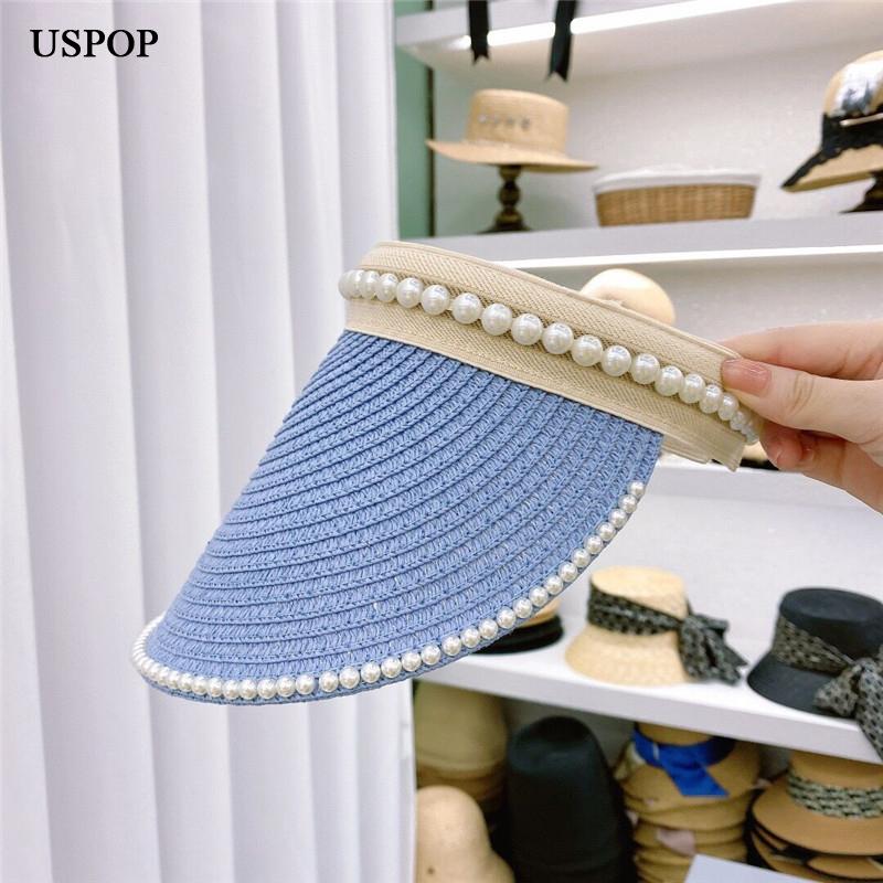 

Summer Sun Hats Women Pearl Straw Beach Visor Without Crown Wide Brim, Blue;gray