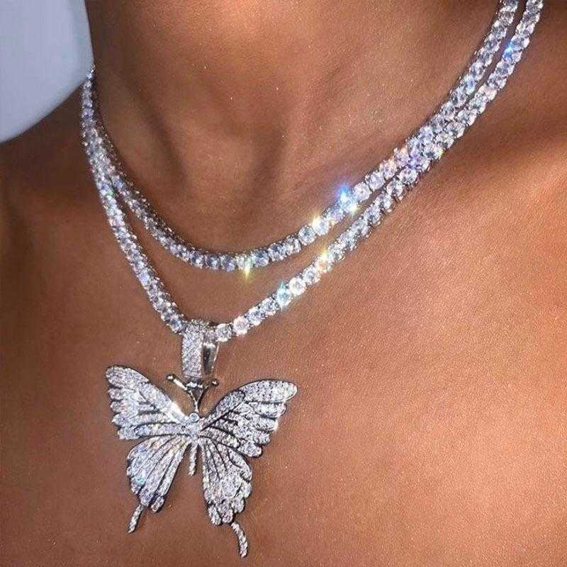 

Necklace diamond large butterfly pendant rhinestone chain women's tennis crystal animal, Silver
