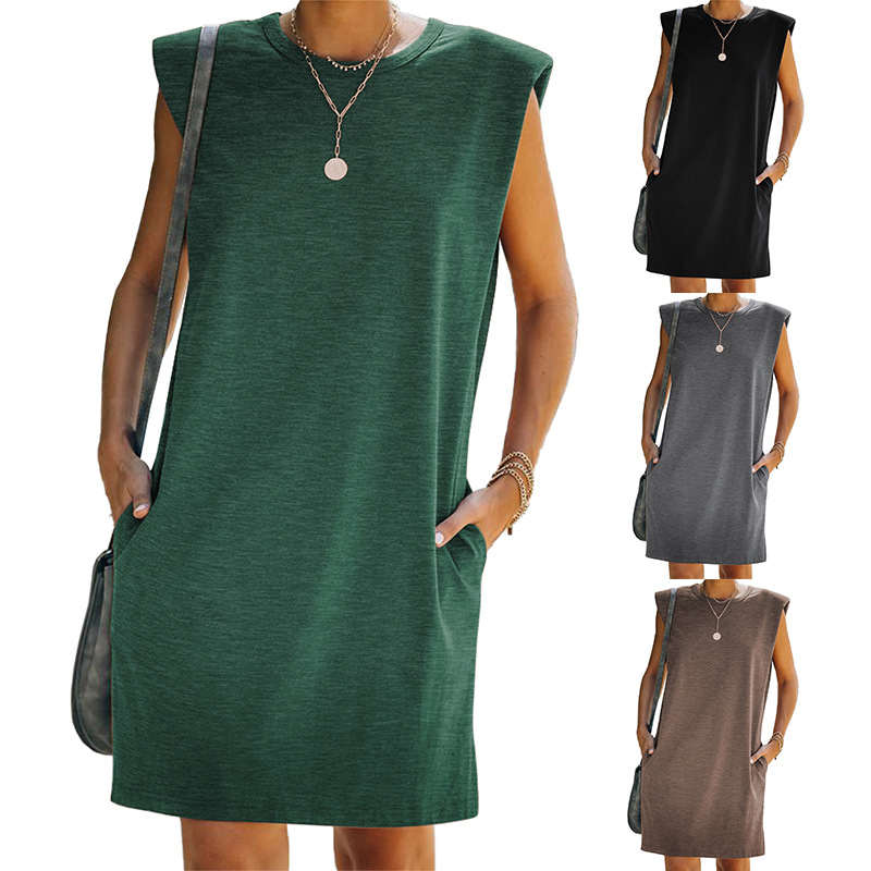 

Famous designer ladies dress summer solid color shoulder pads sleeveless round neck fashion and comfortable S-XL size, Black;gray