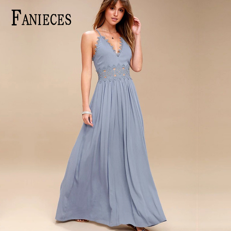 

Elegant Backless Strap Long Dress Women Hollow Out Beach Summer Dresses Party Sexy Blue Maxi Vestidos Sundress Robe Femme 210520