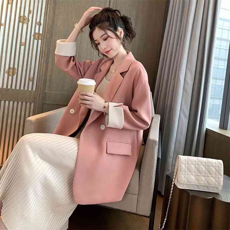 

Spring Blazer Women Casual korean Jacket Work Office Button feminino plus size Pink 210519, Black