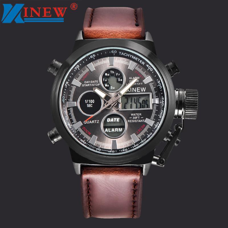 

Wristwatches XI Fashion Mens Watch Sport Military LED Analog Stainless Steel Case Leather Strap Dual Wrist Watches Reloj, Slivery;brown