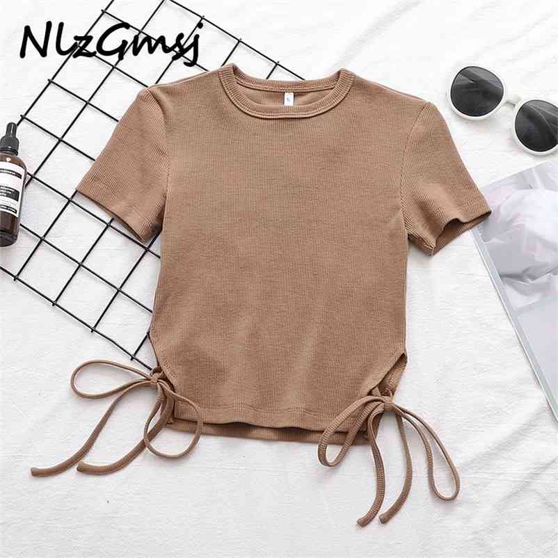 

T-shirt Women O-neck Short Sleeve Tee Side Bandage Slim Tops Cropped Knitted Elastic T Shirts 04 210628, As picture