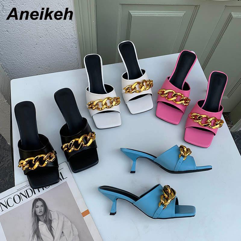

Slippers Aneikeh Women Shoes Summer Solid Shallow Stiletto Heels PU Slides Fashion Party 2021 Novelty Metal Decoration Black
