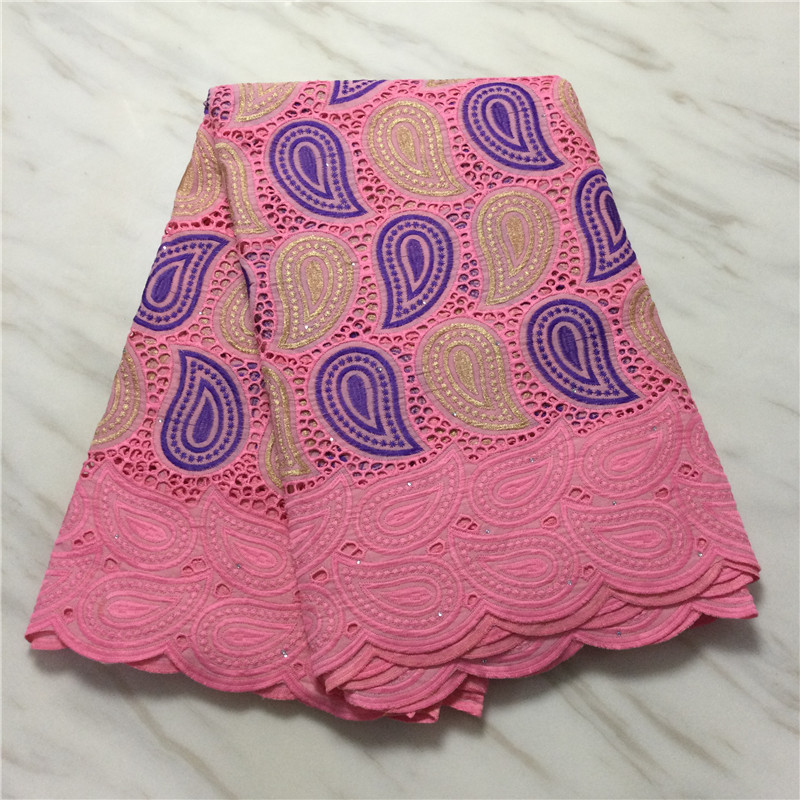 

5Yards/Lot Nice Looking Pink African Cotton Fabric Embroidery Swiss Voile Dry Lace For Dressing PL11680