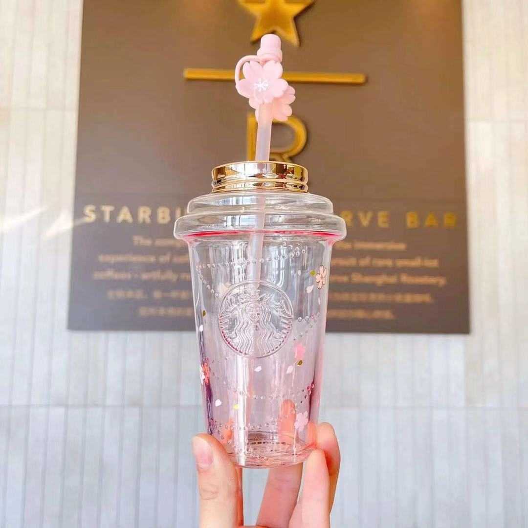 

2021 Large Capacity 473ML Limited Edition Pink Starbucks Mug Gradient Cherry Blossom Glass Original Cup with Cute StrawDS1F