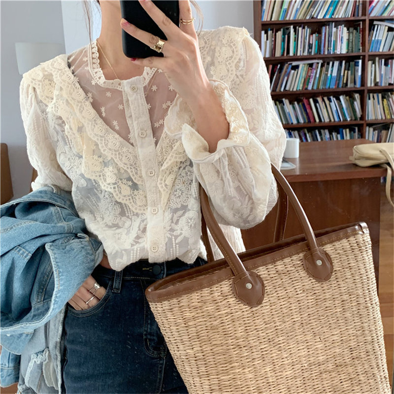 

Women's Blouses & Shirts Apricot Patchwork Loose Streetwear Femme Casual Female 2021 Fashion Lace Elegant Vintage Sweet Tops WAT7, Photo color