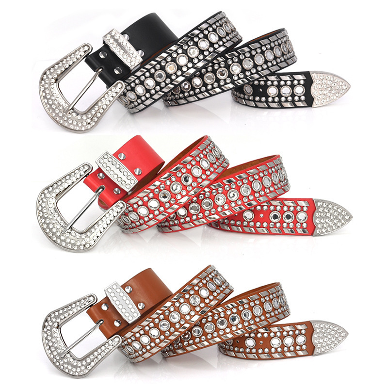 

Women's belt women's belt diamond decorative pin buckle fashion wide Rhintone inlaid trouser belt fashion with jeans, Black;brown