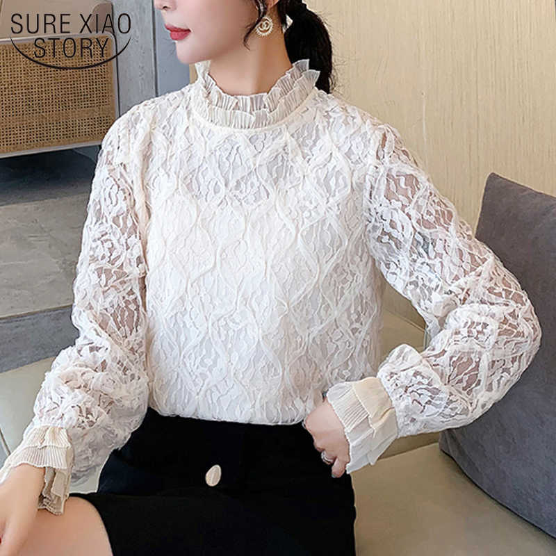 

Hollow Out Lace Shirt Spring Women Long Sleeve Blouse Fashion Crochet Patchwork Ladies Solid Stand Collar Tops Blusas 13326 210527, Apricot