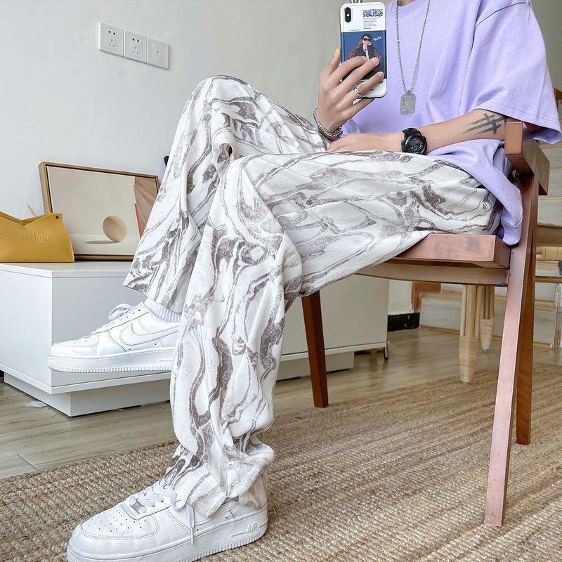 

Men's Pants Ice Silk Tie-dye Sweatpants Men Summer Korean Hip-hop Trend Straight Wide-leg Male Hong-Kong Style Loose Versatile Trouser, Black