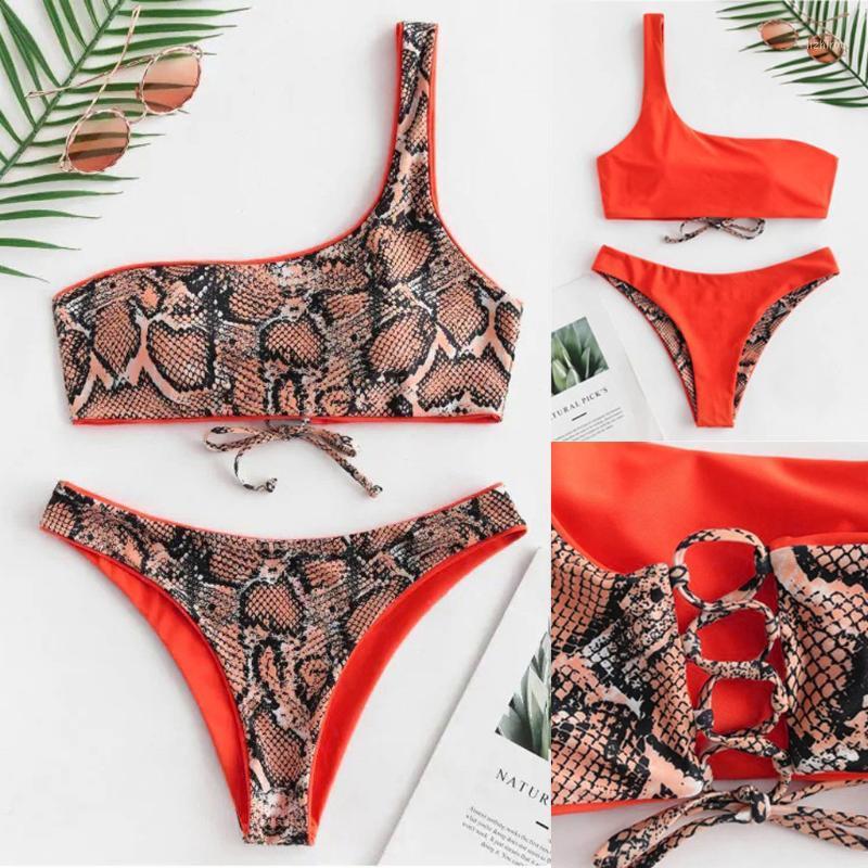 

Sexy Women High Waist Bikini Swimsuit Swimwear Female Bandeau Thong Brazilian Biquini Snakeskin Set Bathing Suit Women, As pic