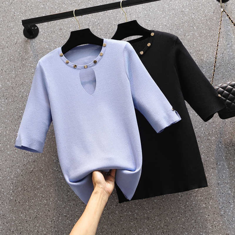 

Knitted Pullover Korean O-neck Knitwear Fashion Women Thin Short Sleeve Sweater Cool Summer Ropa Mujer Soft Jumper Tops 210604, Blue