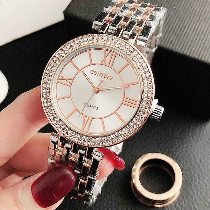 

Wristwatches Zegarek Damski Luxury Rose Silver Watches Fashion Rhinestone Quartz Ladies Wrist Watch Stainless Steel Band Female Clock 2021, Gold