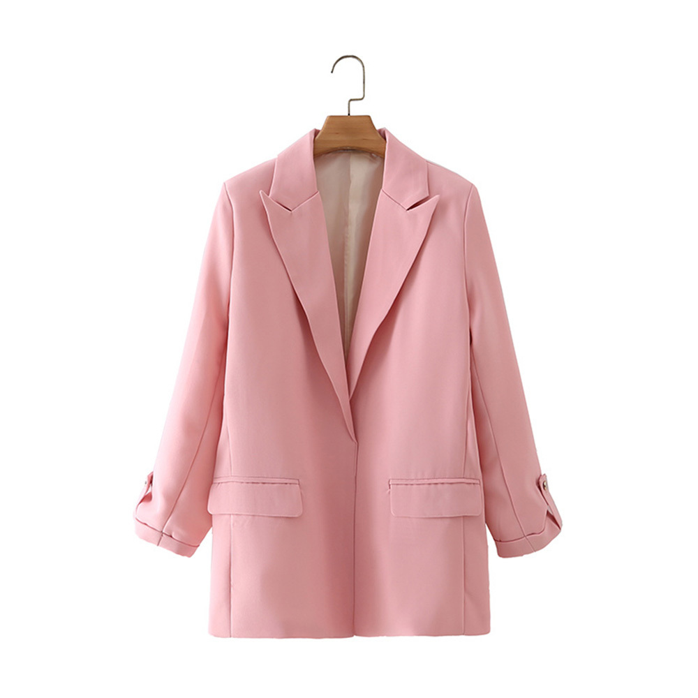 

BBWM Vintage Elegant WomenPink jacket Fashion Female Work Suit Turn-Down Collar Nine Quarter Coat Chic Top Casual Casaco 210520, Pink