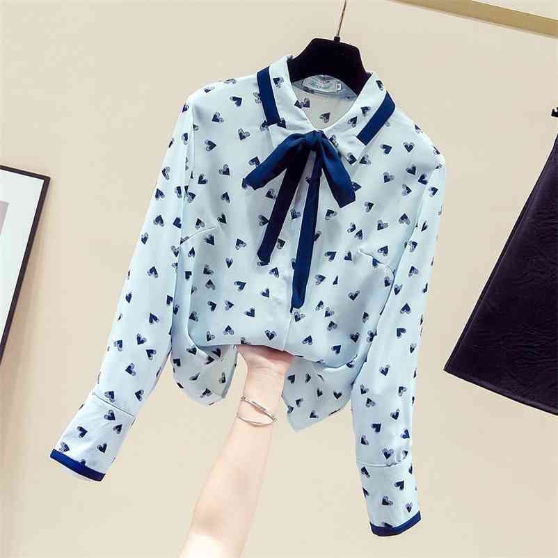 

Autumn Women's Turn Down Collar Long Sleeves Bow Chiffon Shirt Girls Ladies Female All-match Shirts Blouse Tops A3711 210519, Blue