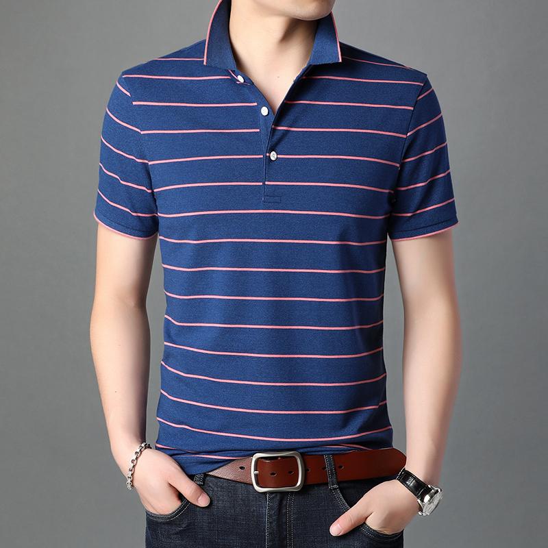 

Men's Polos 2021 Brand Men Striped Shirt Casual Shirts Short Sleeve Summer Cotton Breathable Tops Tee ASIAN SIZE -4XL 2 Color, Blue