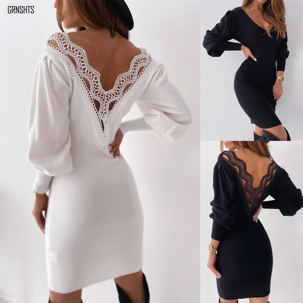 

White Dress Winter Womens Clothing Party Dresses For Women Warm Black Open-Back Lace Lantern Sleeve V-Neck Sweater 2021 Spring