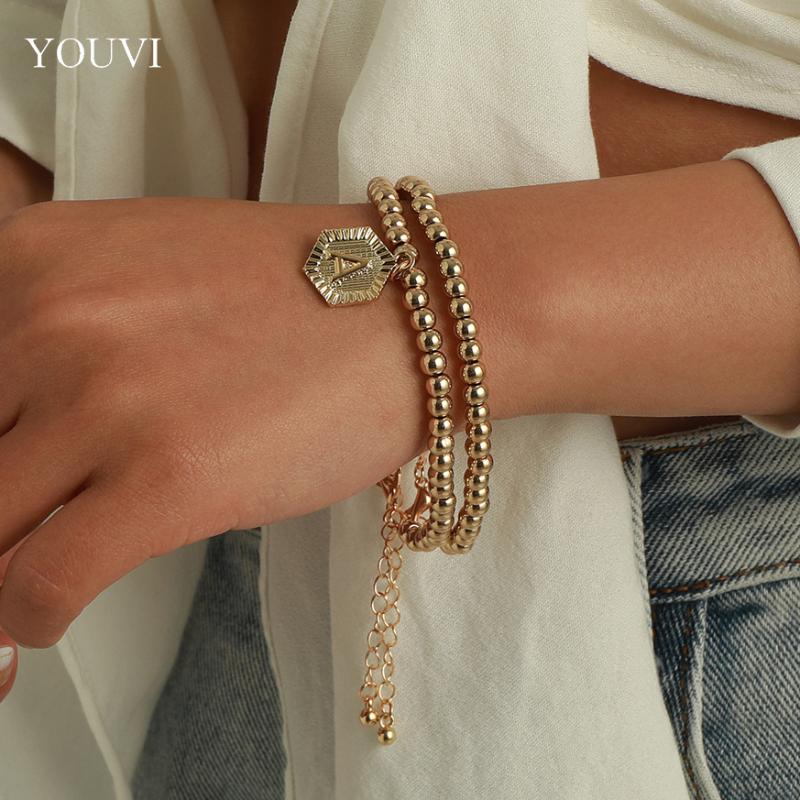 

Link, Chain YOUVI 2PCS Metal Beads Chains Bracelets Set For Women Geometric Coin Letter A Pedant Bangels Bracelet On Hand Jewelry Arm