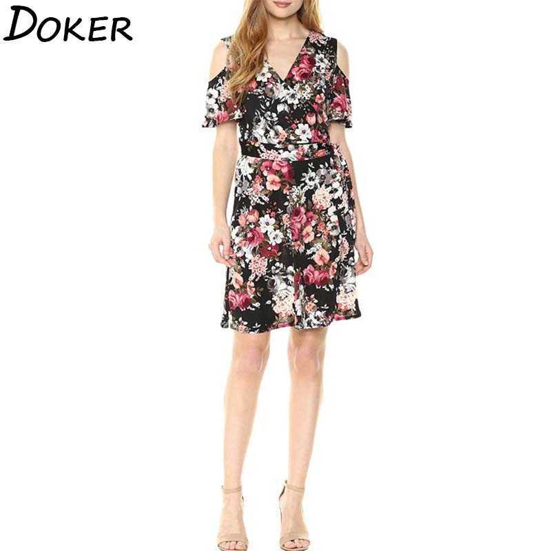 

Summer Sexy Short Sleeve Off Shoulder Dres Temperament V Neck Print Sashes Office Mini Female Streetwear es 210604, Navy blue
