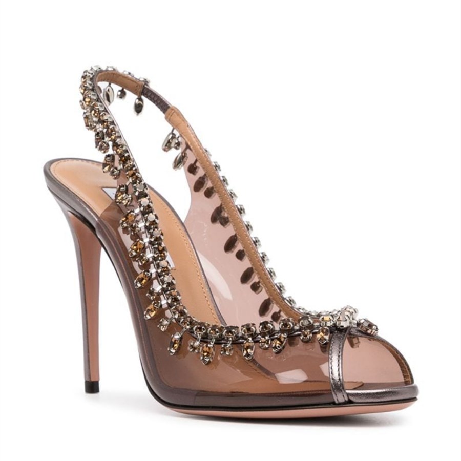 

rhinestone sandals fashion designer shoes new peep toes pvc high heels slip on women pumps chic stiletto heel wedding 12cm, Brown
