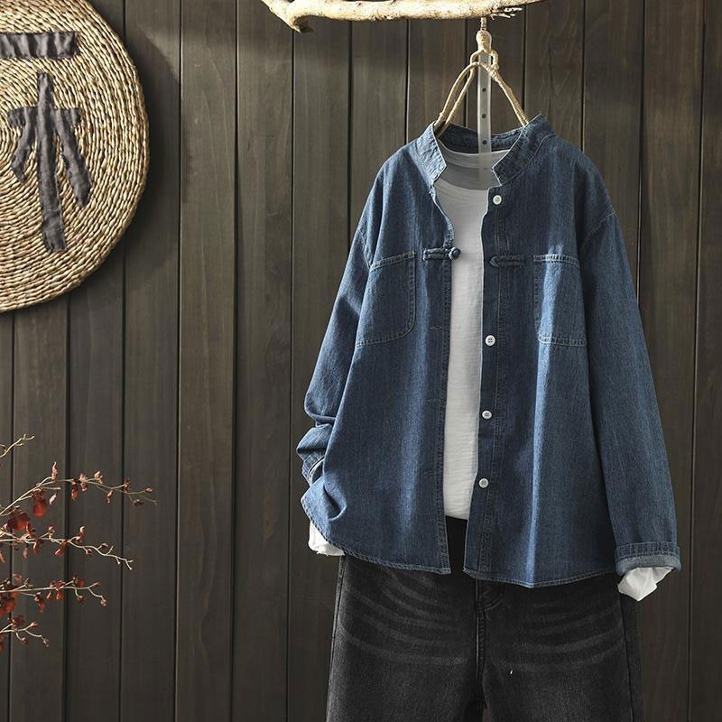 

Women's Blouses & Shirts 2020 Spring Arts Style Women Long Sleeve Loose Stand Collar Casual Shirts Cotton Denim Vintage Button Bl, Blue