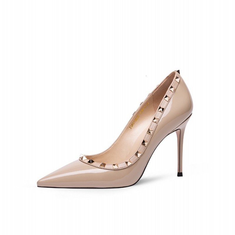 

Sandals novo design sapatos femininos bombas de couro patente rebite dedo do pé apontado plataforma 8.5cm fino salto alto festa senhoras HM45, 1# shoe box