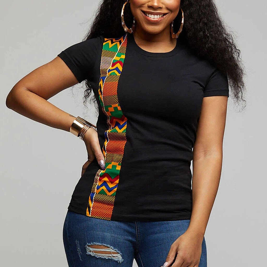 

Women's African Print T-shirt o Neck Short Sleeve Casual Tee Tops Streetwear Tshirt Women Geometrc Patchwork t Shirt 2021, White
