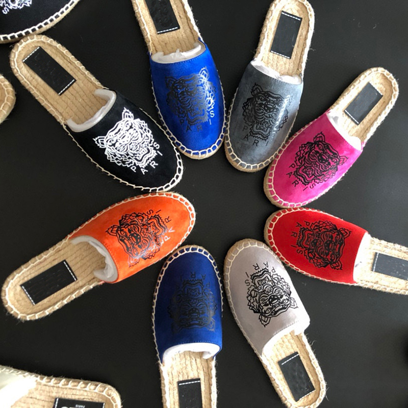 

2021 Tiger elasticated Leather espadrilles Mens Designer Slipper Straw Cord Sandal Real Leather Platform Shoes Women Outdoor Beach Slippers, Black