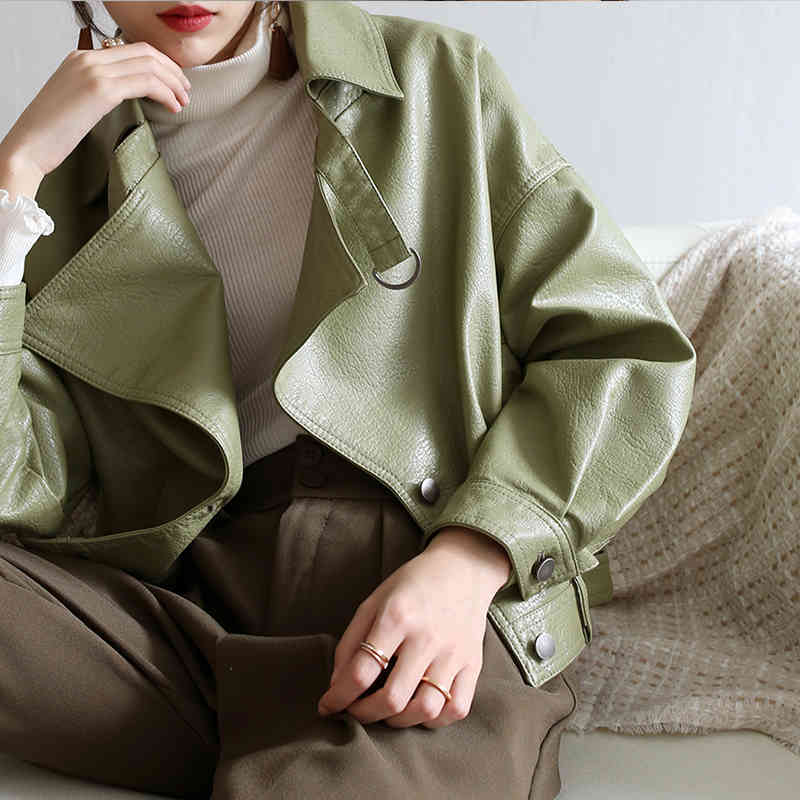 

Women's Trench Coats Green leather fitaycolors jacket, loose vintage for women, multicolored motorcycle AZBC, 1# shoe box