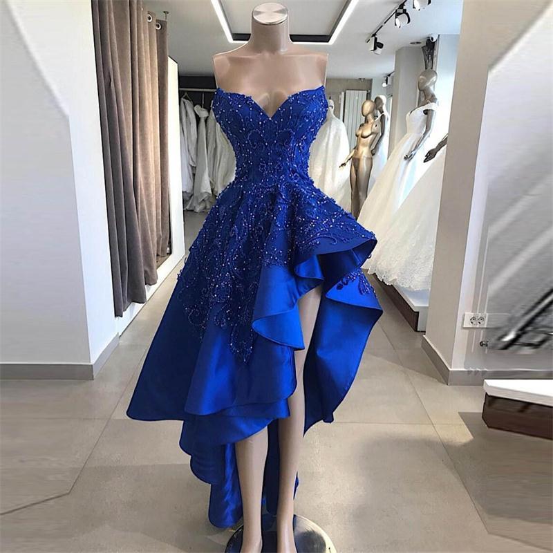 

Party Dresses Royal Blue Cocktail With Appliques Lace Sequins Beads High Low Satin Dress Ruffles Sweetheart Prom, Black
