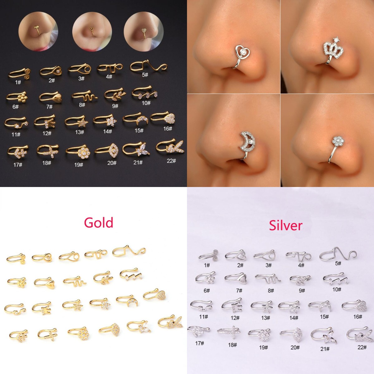 

Sexy Copper Fake Piercing Nose Ring Heart Star Crown Clip On Nose Ear Clip Cuff Earring For Women Girl Gift Body Jewelry
