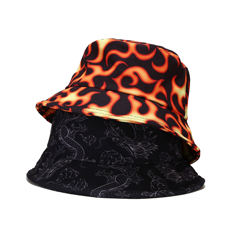 

Fitted Hat Fashion Harajuku Reversible Bucket Hat Fire Tie dye Butterfly Cloud Dragon Print Fisherman Hat Panama Bob Chapeau Men